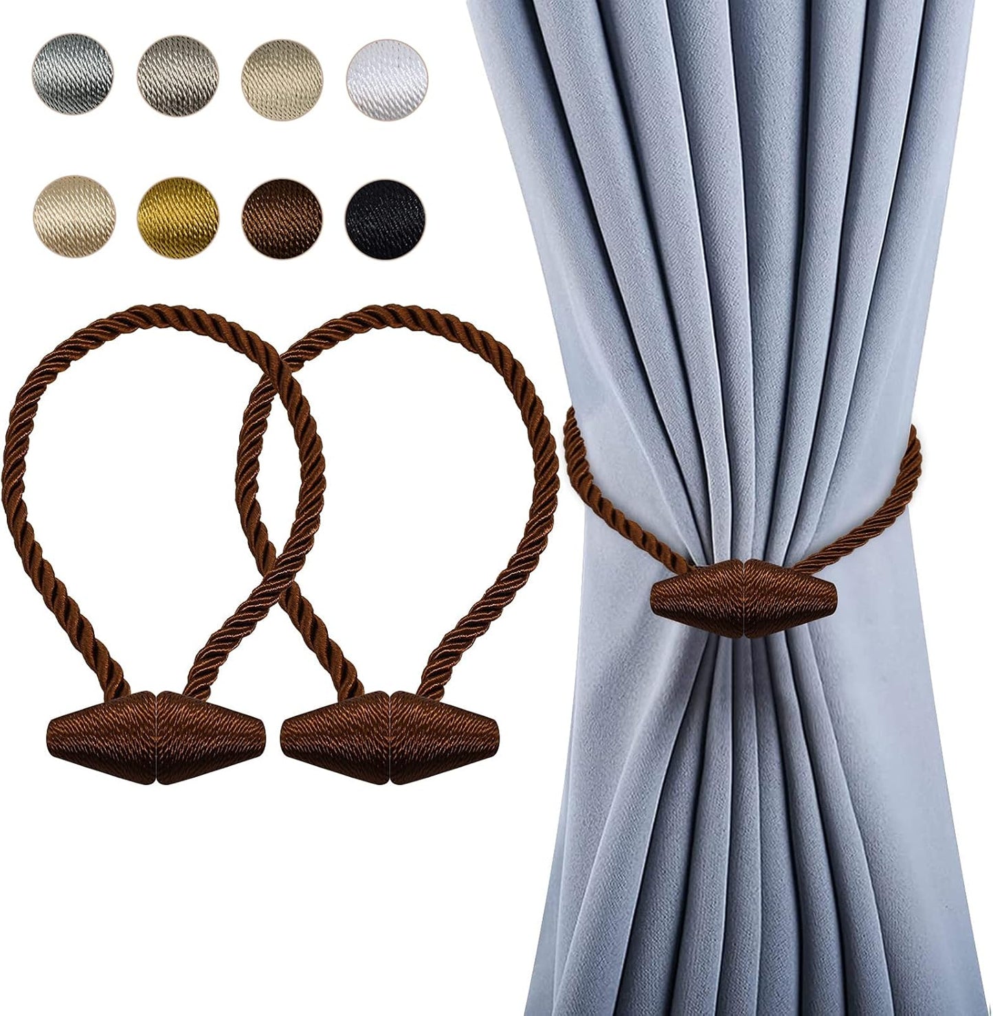 Hion Magnetic Curtain Tiebacks Dark Brown 2pcs, Curtain Tiebacks Buckles Holdbacks Holders Hooks