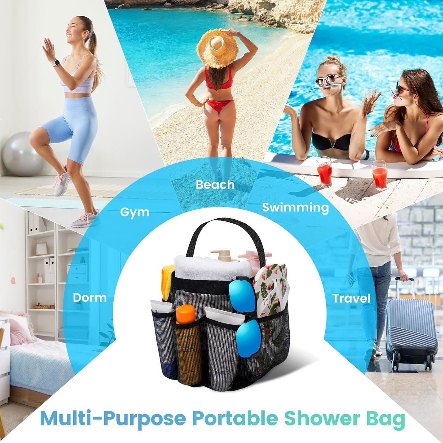 Mesh Shower Caddy Portable for College Dorm Room Essentials for Girls with 9 Pockets,Large-Capacity