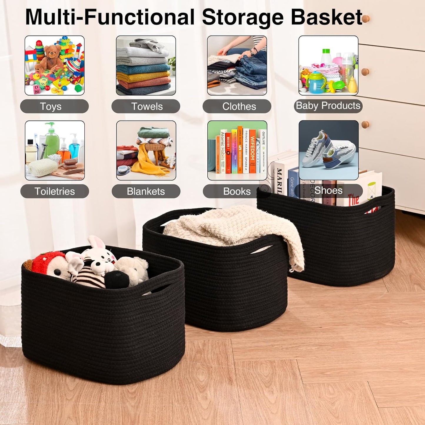 Black Storage Baskets for Organizing Shelves, Toy Basket for Nursery, Woven Cotton Rope Basket for