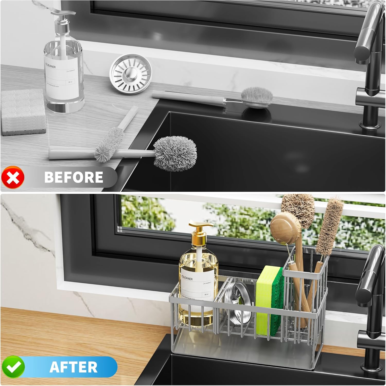 Cisily Sink Caddy Organzier with High Brush Holder, Sponge Holder for Sink, 304 Rustproof