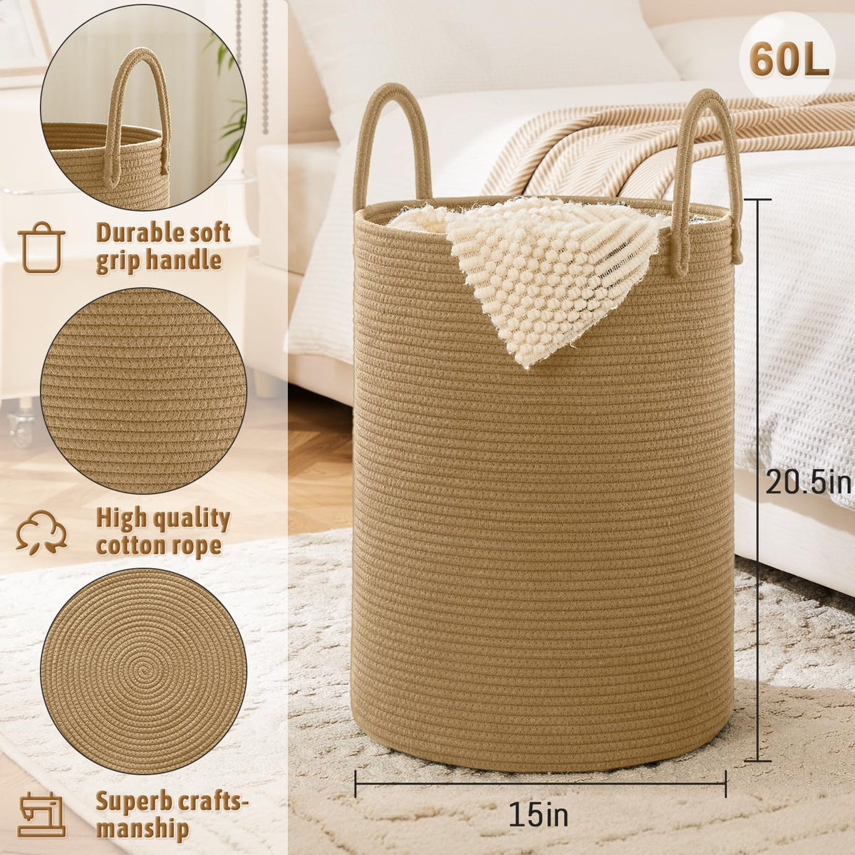 Laundry Basket,Woven Cotton Rope Laundry Hamper,60L for Decorative Storage of Dirty Clothes,Toys