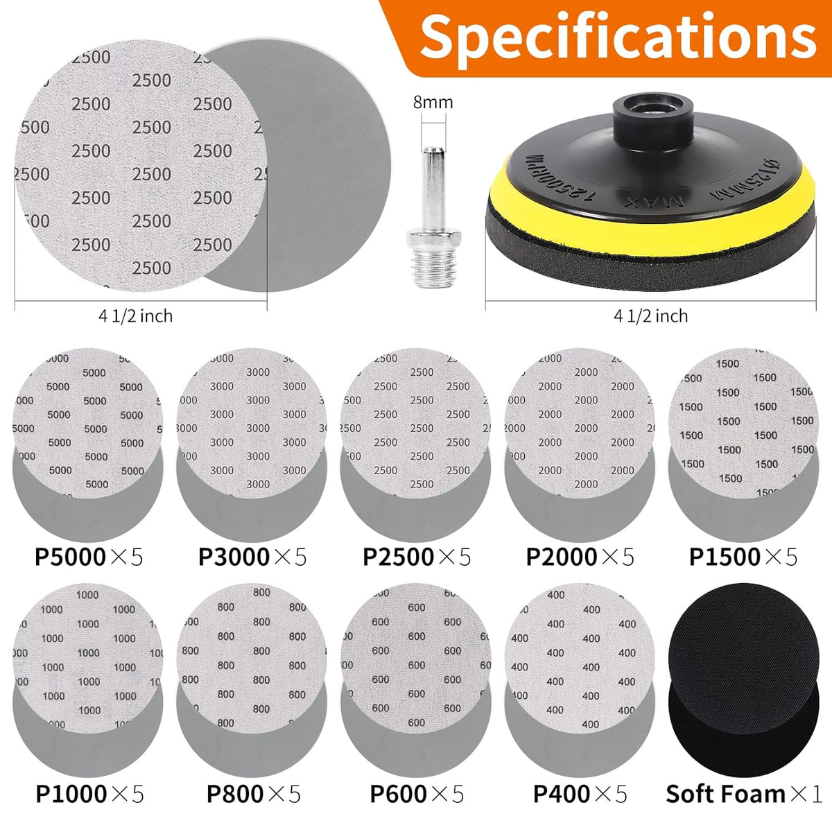 45PCS 5 Inch Wet Dry Sanding Discs Kit with Hook and Loop Backing Pad 5/8-11 and Foam, Angle