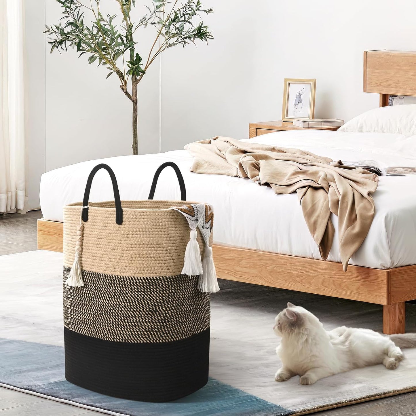 Woven Laundry Basket for Clothes, 65L Large Rectangle Laundry Hampers with Beads Tassel, Nursery