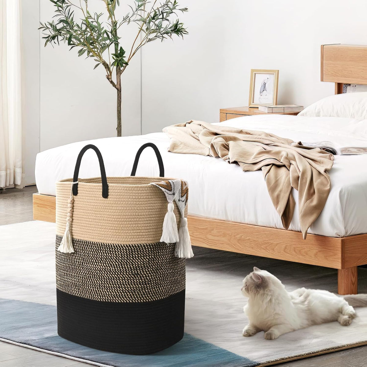 Woven Laundry Basket for Clothes, 50 L Large Rectangle Laundry Hampers with Beads Tassel, Nursery