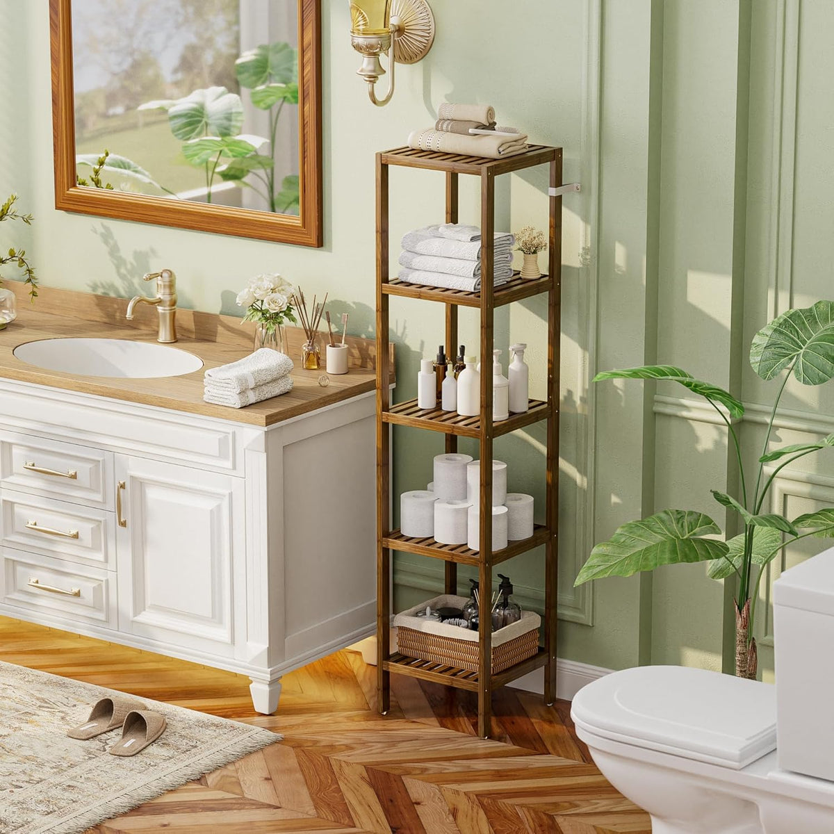 SMIBUY Bathroom Storage Shelf, 5-Tier Bamboo Rack Organizer, Multifunctional Shelving Unit for