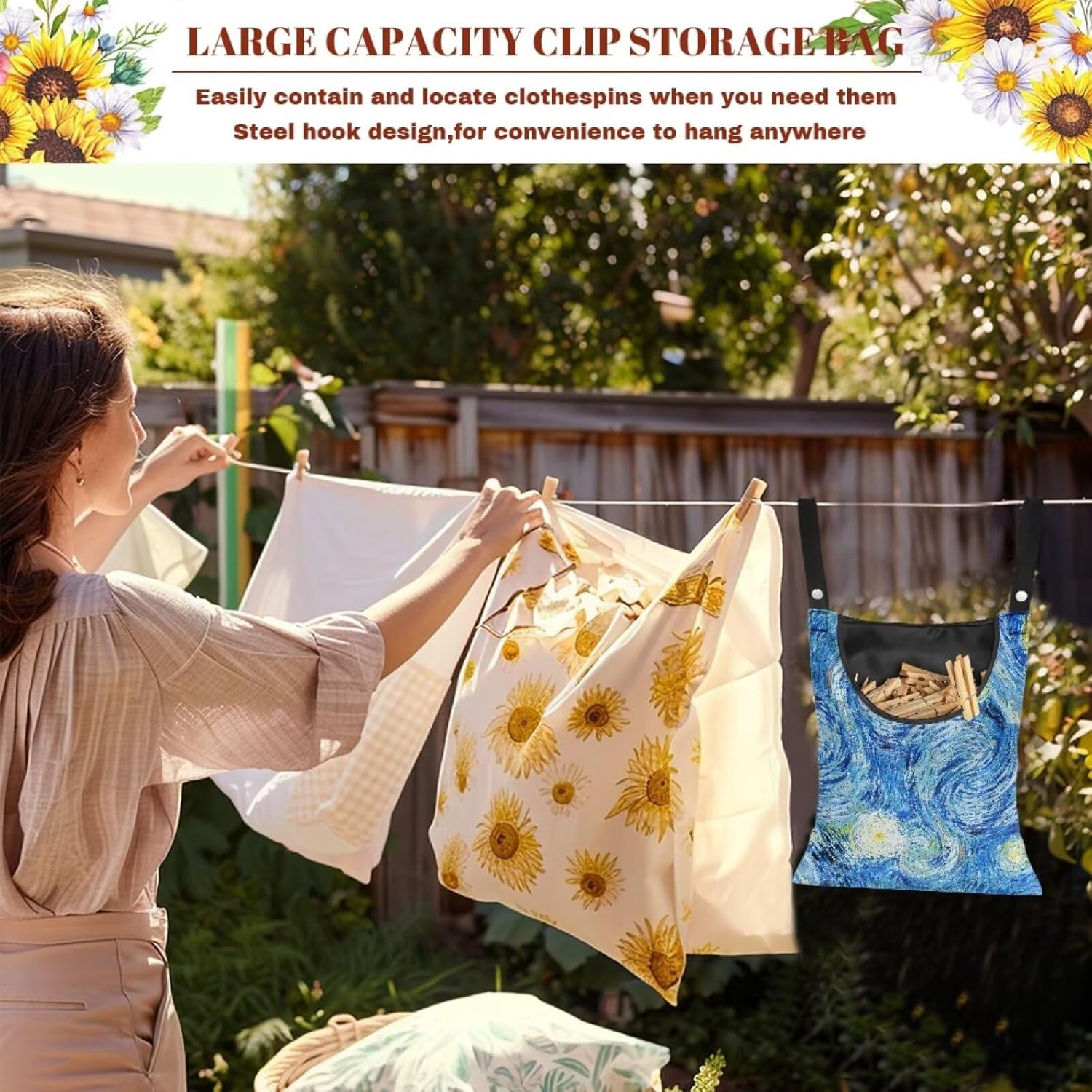 Clothes Pin Bag Clothespin Storage 14.5x12in - Creative Starry Night Print Oversized Windproof Bag