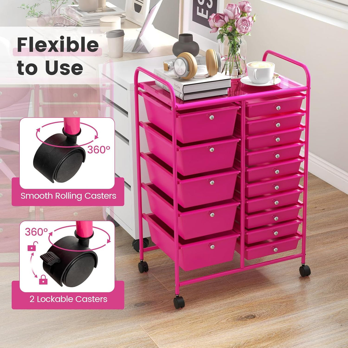 GOFLAME 15-Drawer Rolling Storage Cart, Multipurpose Movable Organizer Cart, Utility Cart for Home