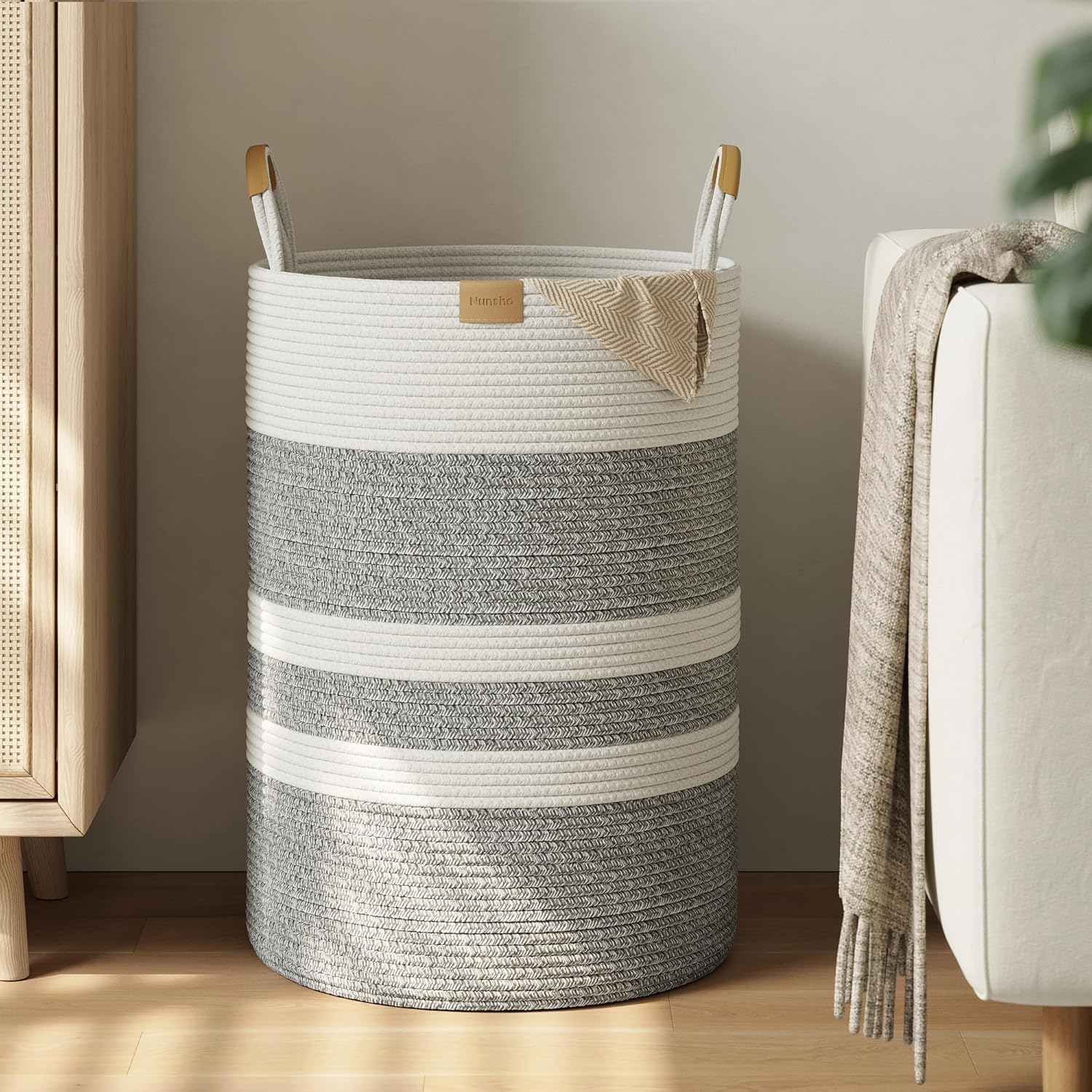 95L Striped Laundry Hamper with Leather Handles ,Large Foldable Laundry Basket for Clothes,Cotton
