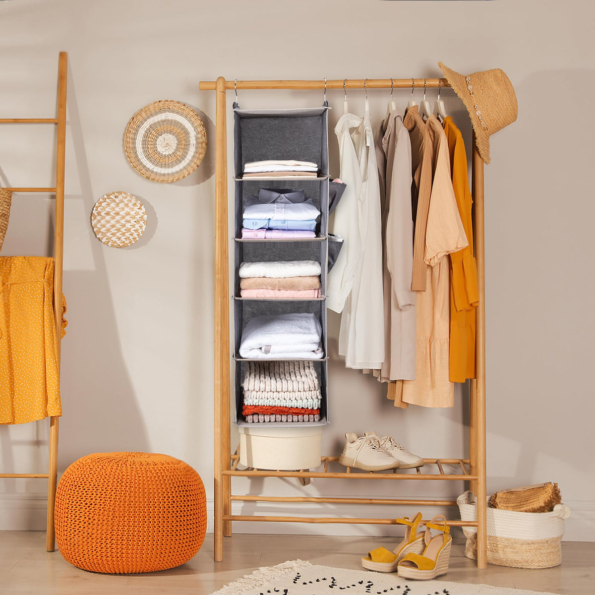 BOOMIBOO Hanging Closet Organize and Shelves，5-Hanging Shelf with 2 Side Pockets，Storage Foldable
