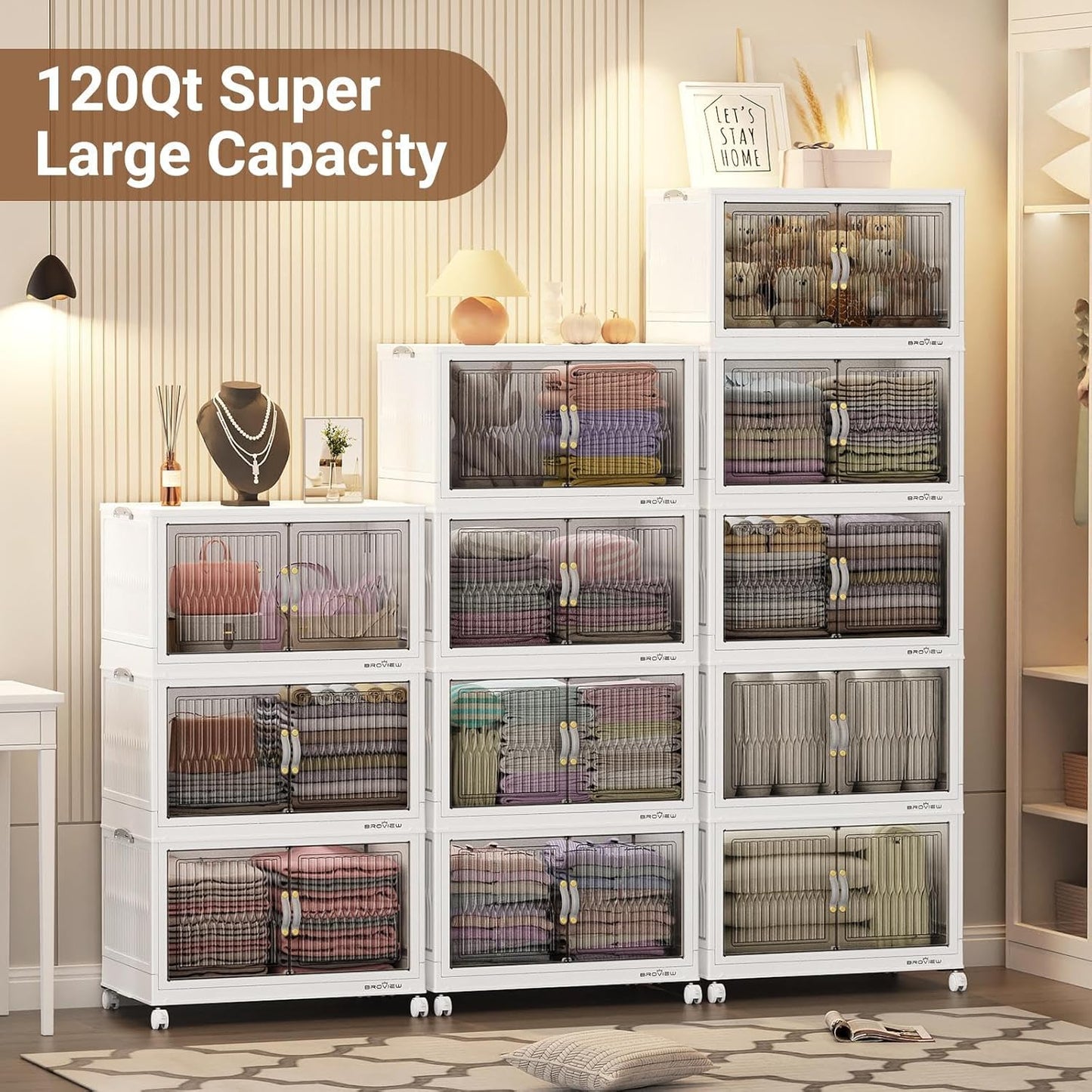BROVIEW 360Qt Stackable Storage Bins with Lid, Extra Large Closet Organizer Collapsible Drawer