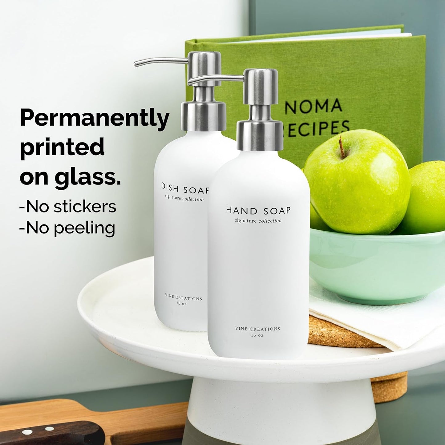 Vine Creations White Glass Soap Dispenser Set, Dish Soap and Hand Soap Dispenser Set with Stainless