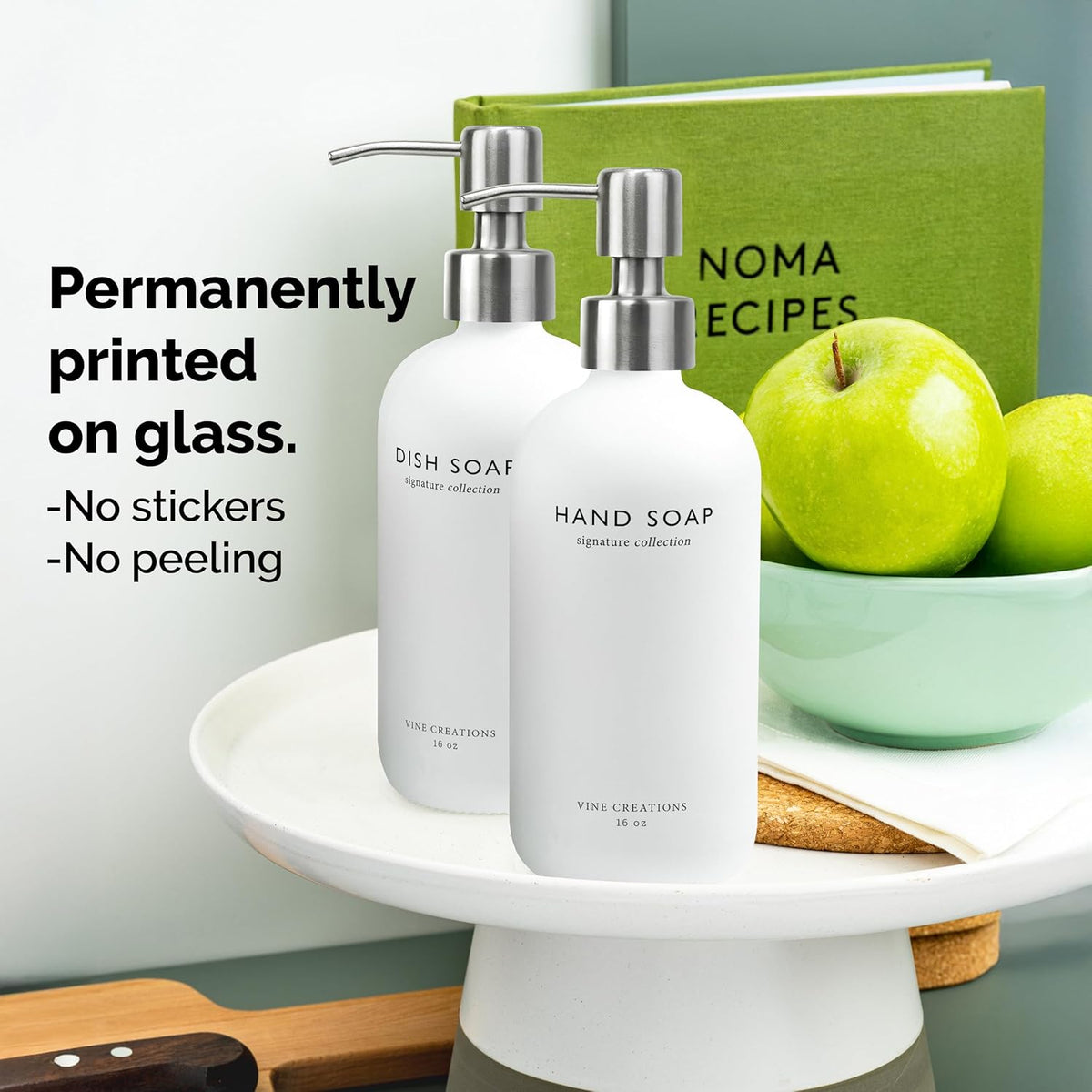 Vine Creations White Glass Soap Dispenser Set, Dish Soap and Hand Soap Dispenser Set with Stainless