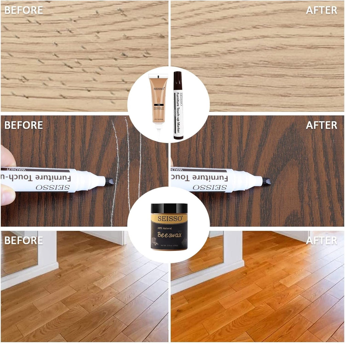 SEISSO Wood Scratch Repair Kit - Set of 36 Wood Filler Putty for Scratches Furniture Markers Touch