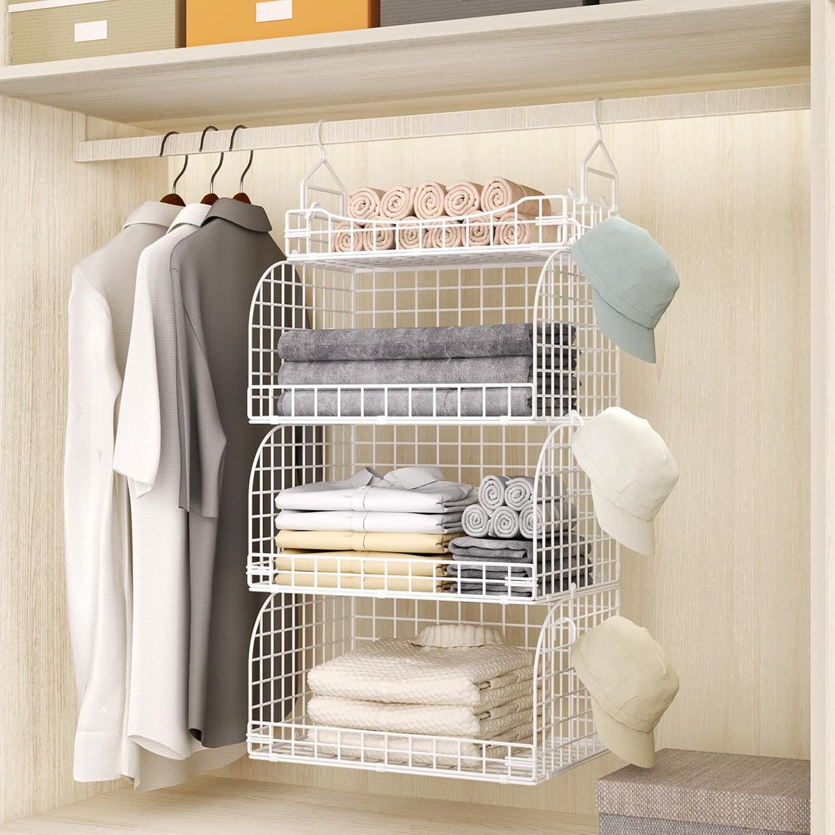 HapiRm Hanging Closet Organizer Storage - 3 Tier Metal Stackable Hanging Closet Shelves with