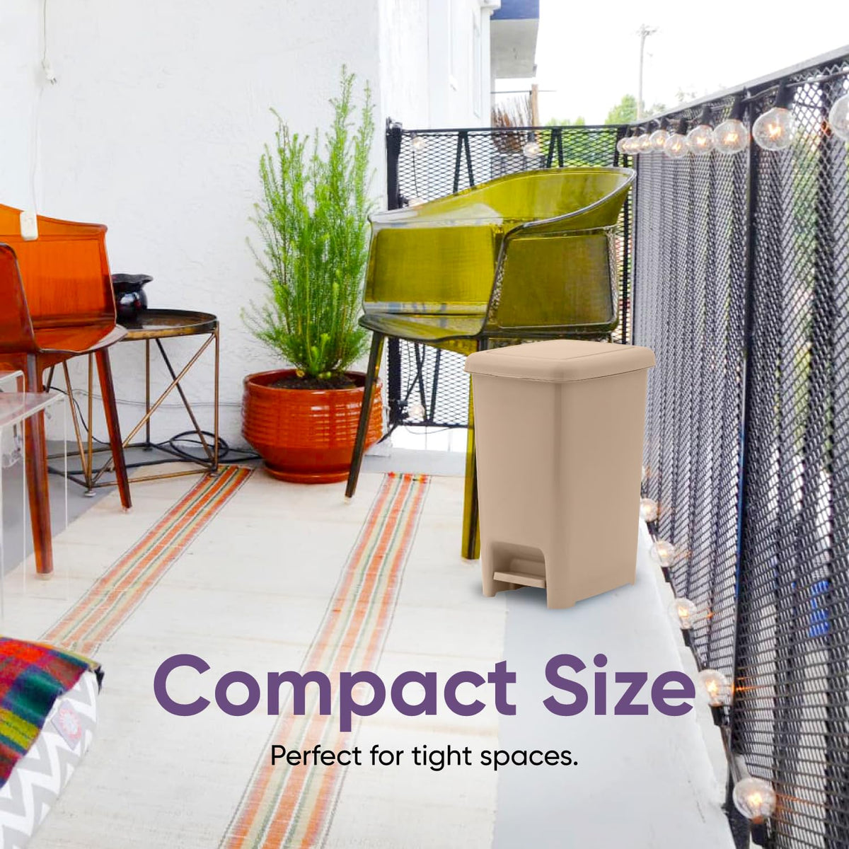 Superio Slim Step On Trash Can, Beige Waste Bin with Foot Pedal Lid 26 Liter, Kitchen, Under Desk