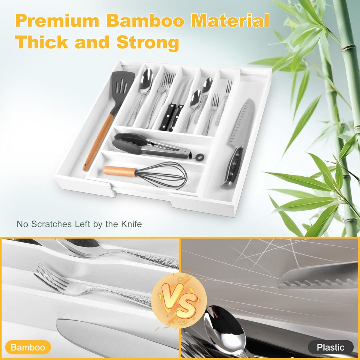 Large Premium Bamboo Silverware Organizer - Expandable Drawer Organizer & Utensil Organizer