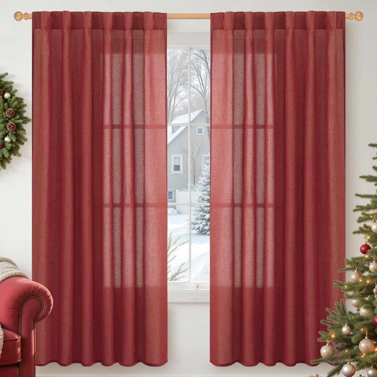 YoungsTex Red Linen Semi Sheer Curtains 72 Inch Length for Living Room - Light Filtering Drapes