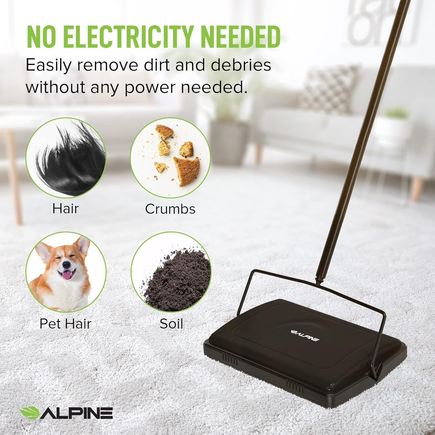 Alpine Manual Carpet Sweeper Triple Brush – Cordless Non Electric Multi-Surface Floor Brush