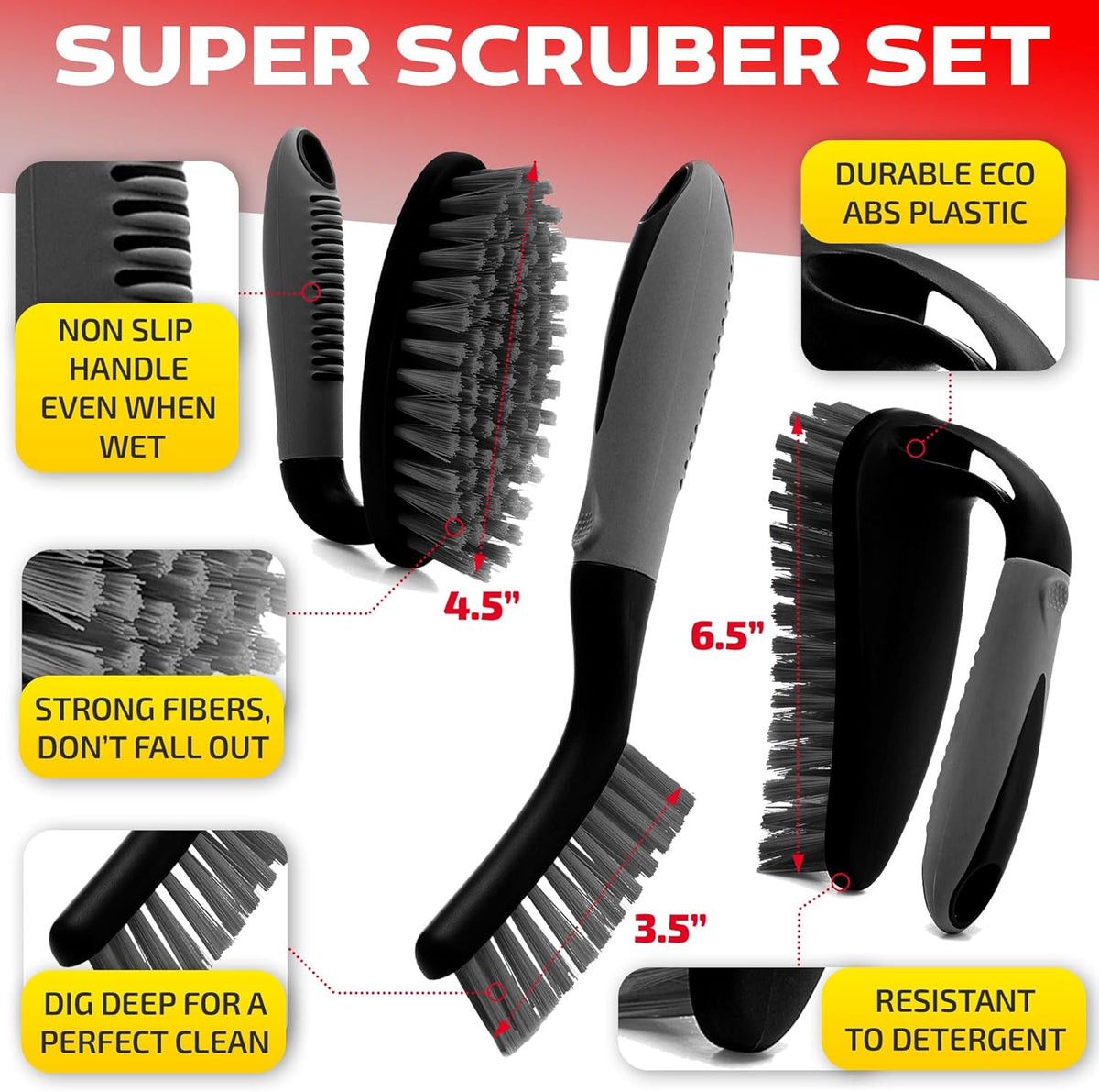 Scrub Brush Set of 3pcs - Cleaning Shower Scrubber with Ergonomic Handle and Durable Bristles