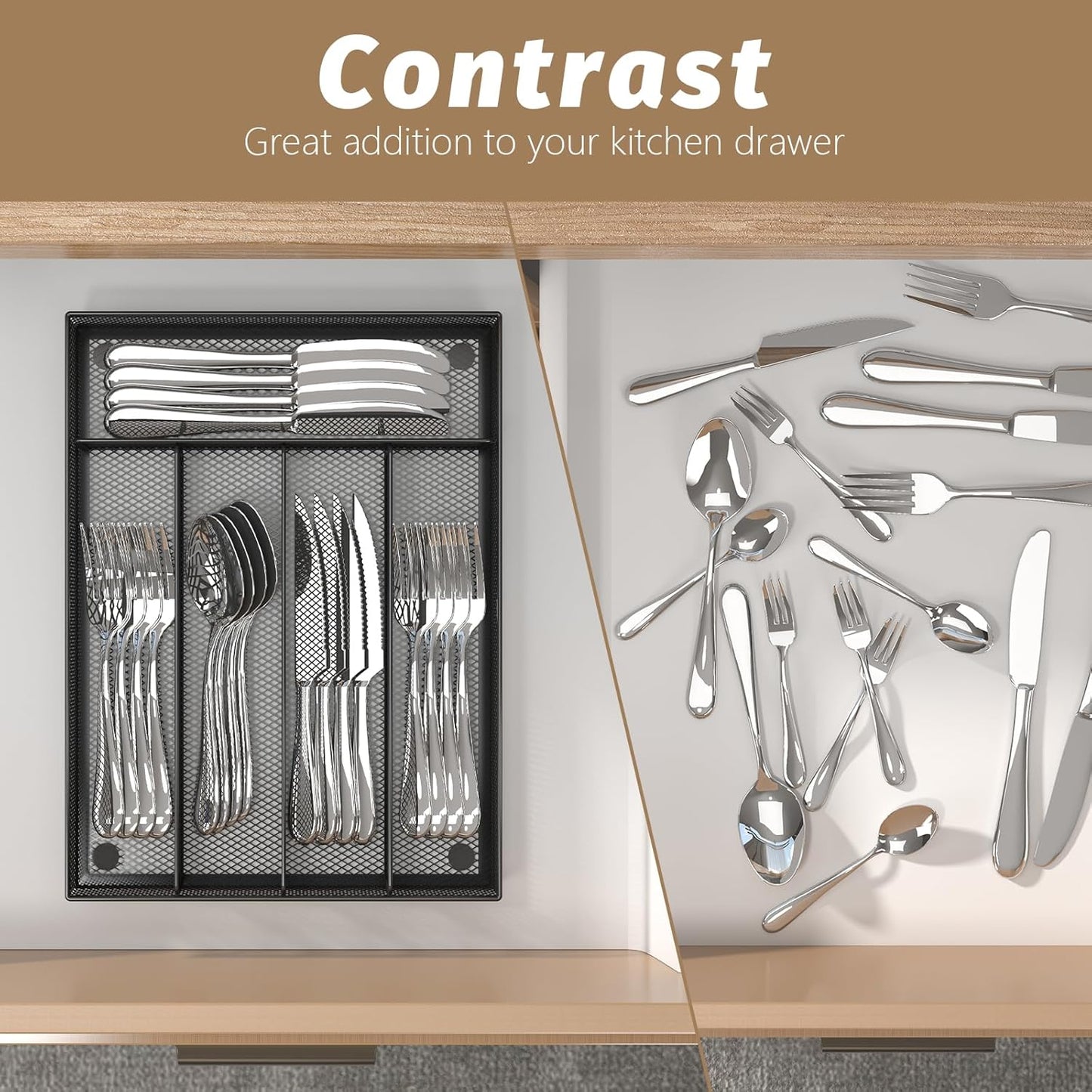 Silverware Organizer Metal Mesh, Small Drawer Organizer, Utensil Cutlery Tray for kitchen drawers