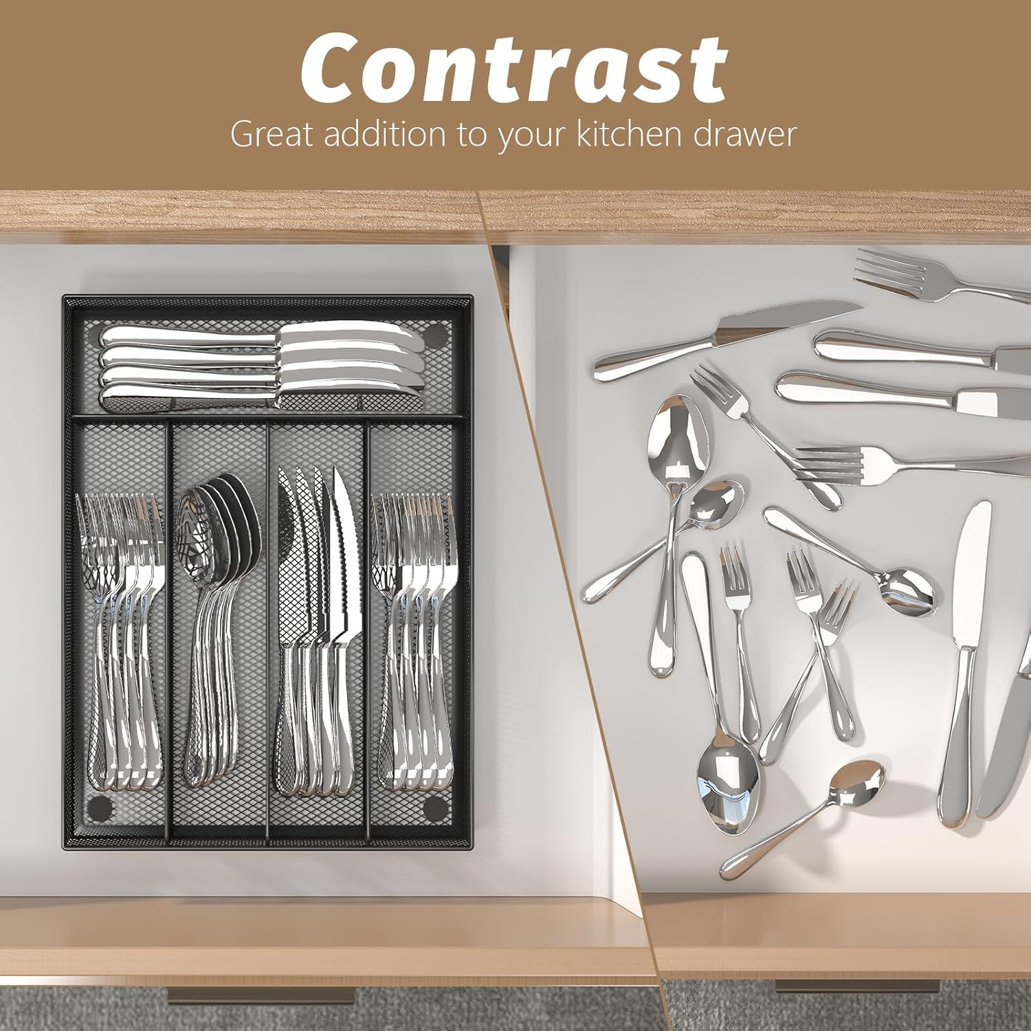 Silverware Organizer Metal Mesh, Small Drawer Organizer, Utensil Cutlery Tray for kitchen drawers