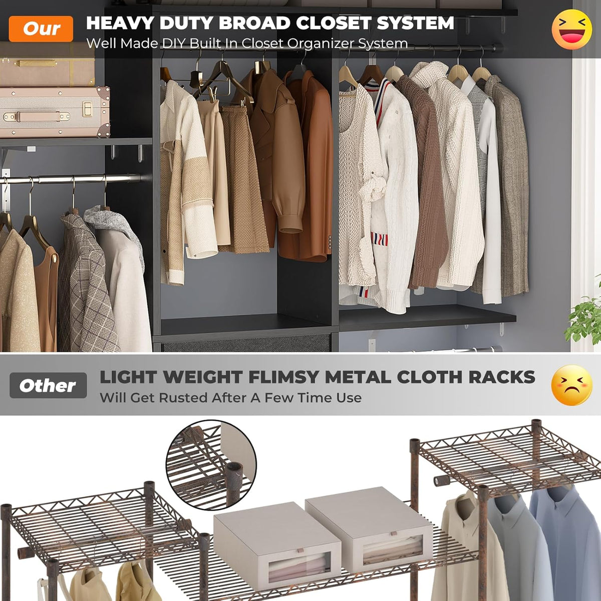 Armocity 5FT Small Closet System with 3 Fabric Drawers, 60 Inches Walk In Closet Organizer System