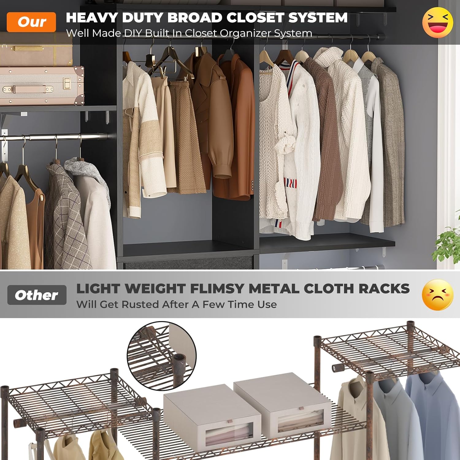 Armocity 5FT Small Closet System with 3 Fabric Drawers, 60 Inches Walk In Closet Organizer System