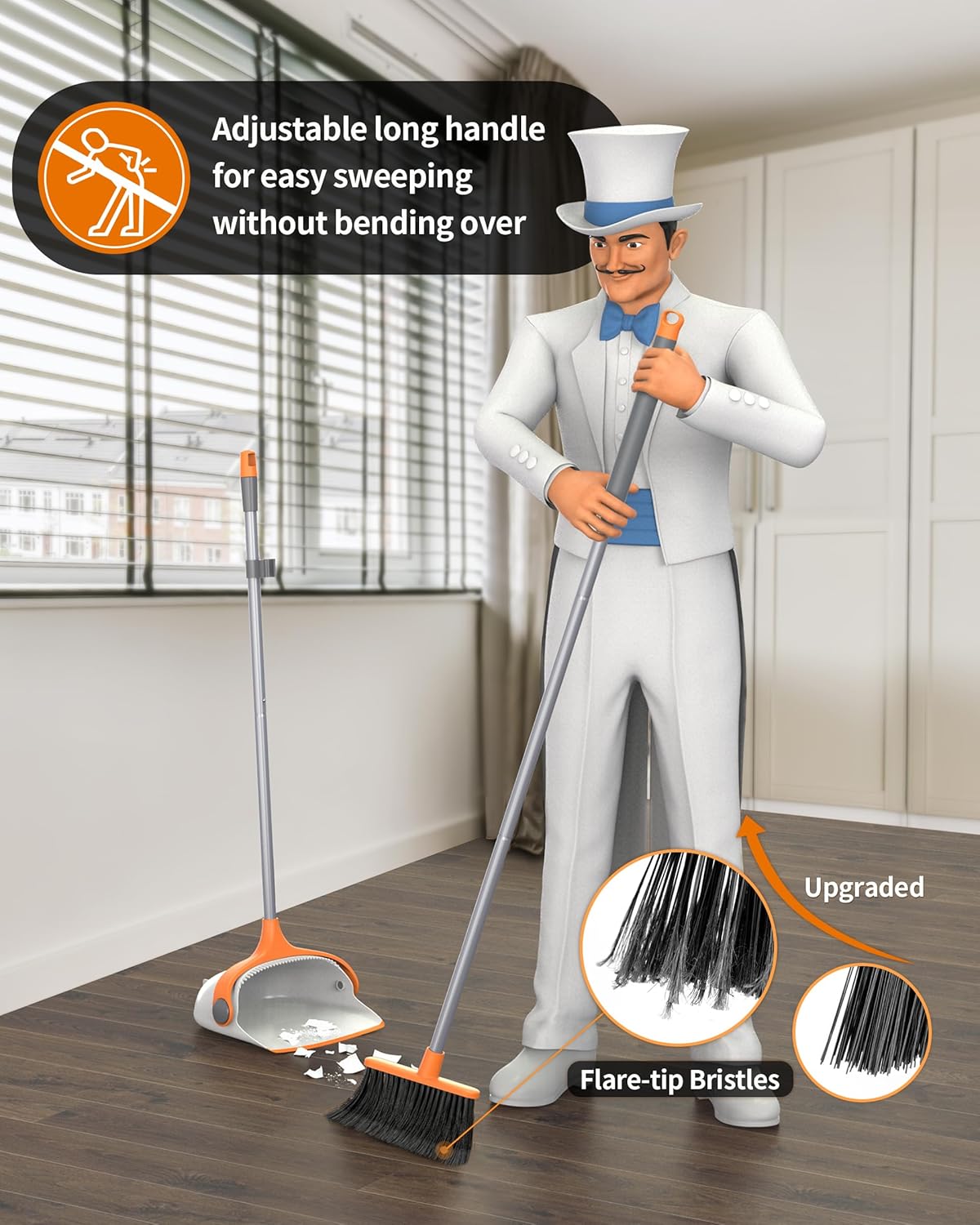 MR.SIGA Broom and Dustpan Set with Long Handle, Stand Upright Broom with Dustpan Combo for Cleaning