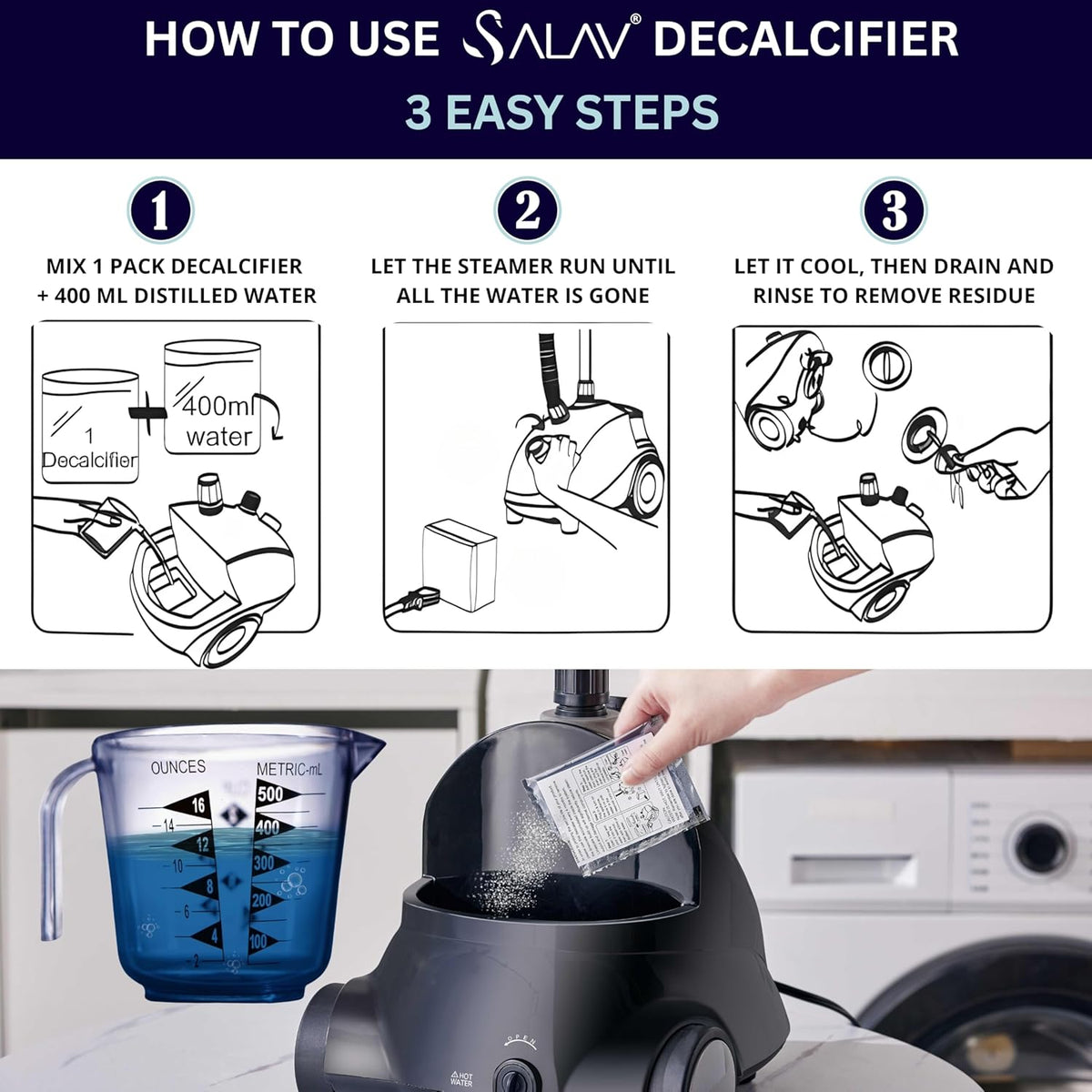 Garment Steamer Descaling Solution Decalcifier Packets for Mineral Deposits and Build-up Removal