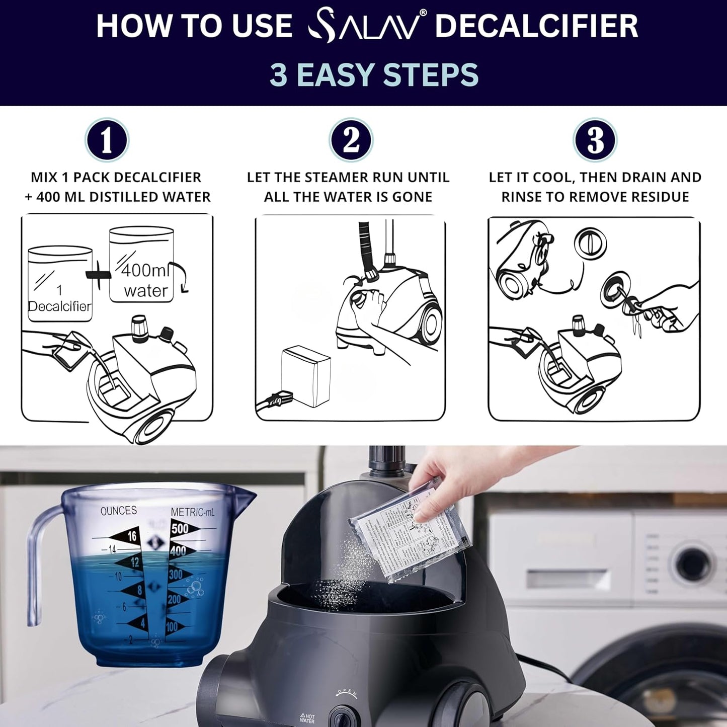 SALAV Garment Steamer Descaler/Decalcifier Packets for Mineral Deposits and Build-up Removal