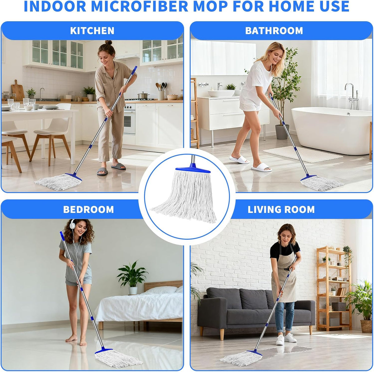 Indoor Cotton Mops for Floor Cleaning - Indoor Cleaning Mop for Wood Floors, Tile, Hardwood Floor