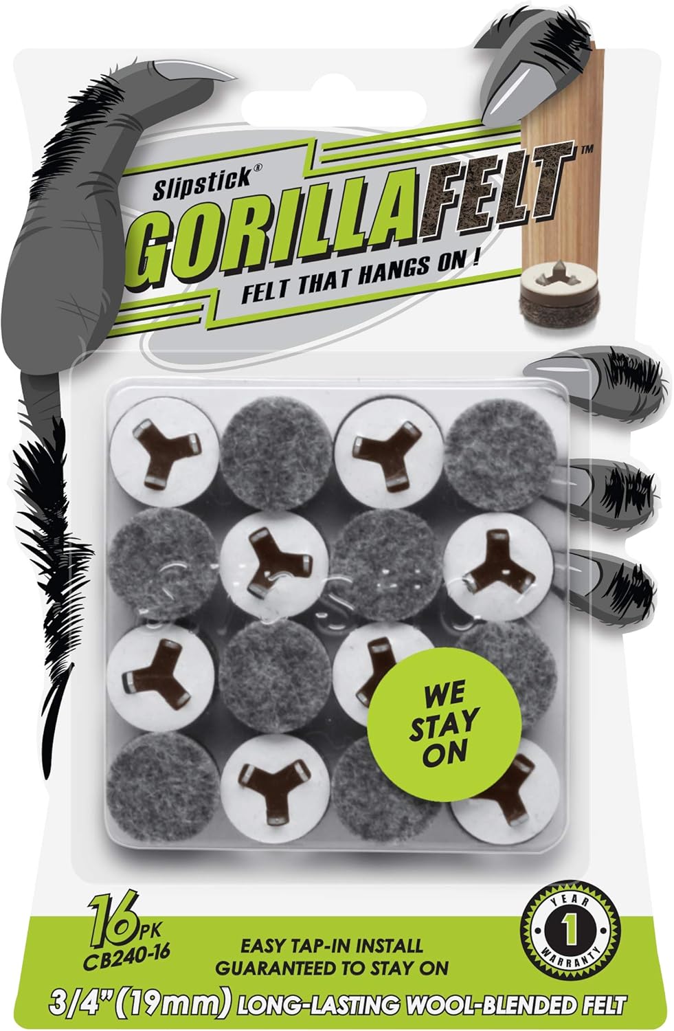 Slipstick GorillaFelt 3/4 Inch Chair Leg Floor Protectors/Felt Glides (Set of 16) Tap On Felt