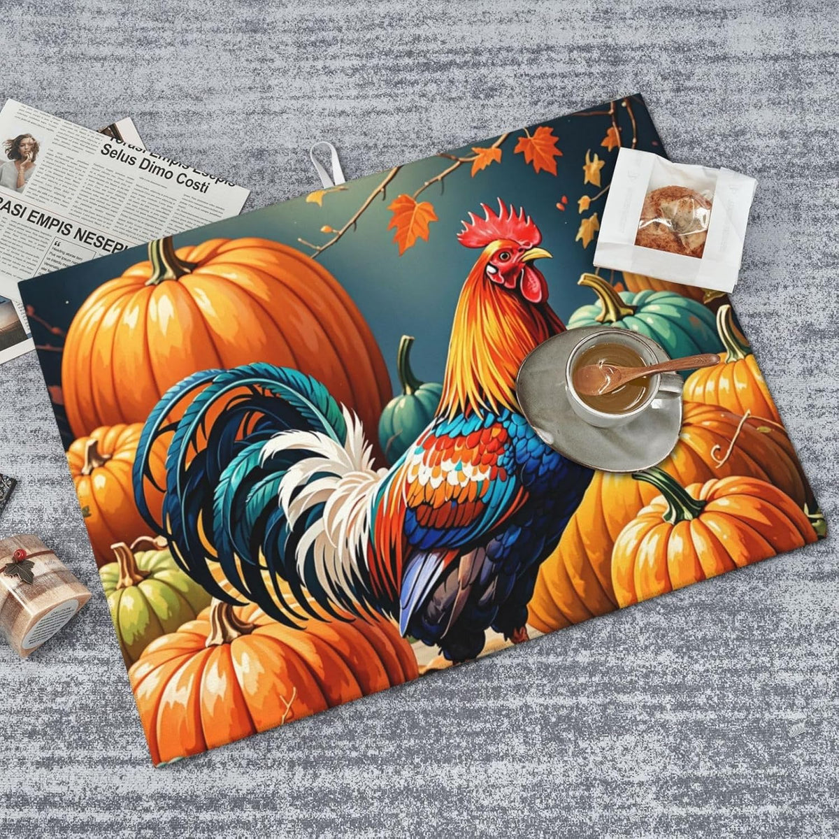 Rooster Pumpkin Dish Drying Mat Highly Absorbent Double-Sided Microfiber with Hanging Loop