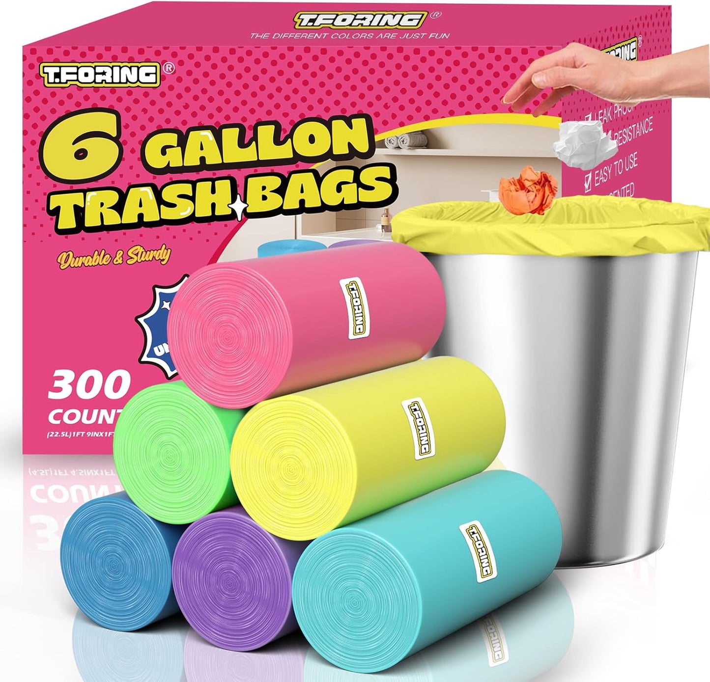 300 Count 6 Gallon Trash Bags - 22 Liter Colored Medium Garbage Bags Unscented 0.94 Mil Thick &