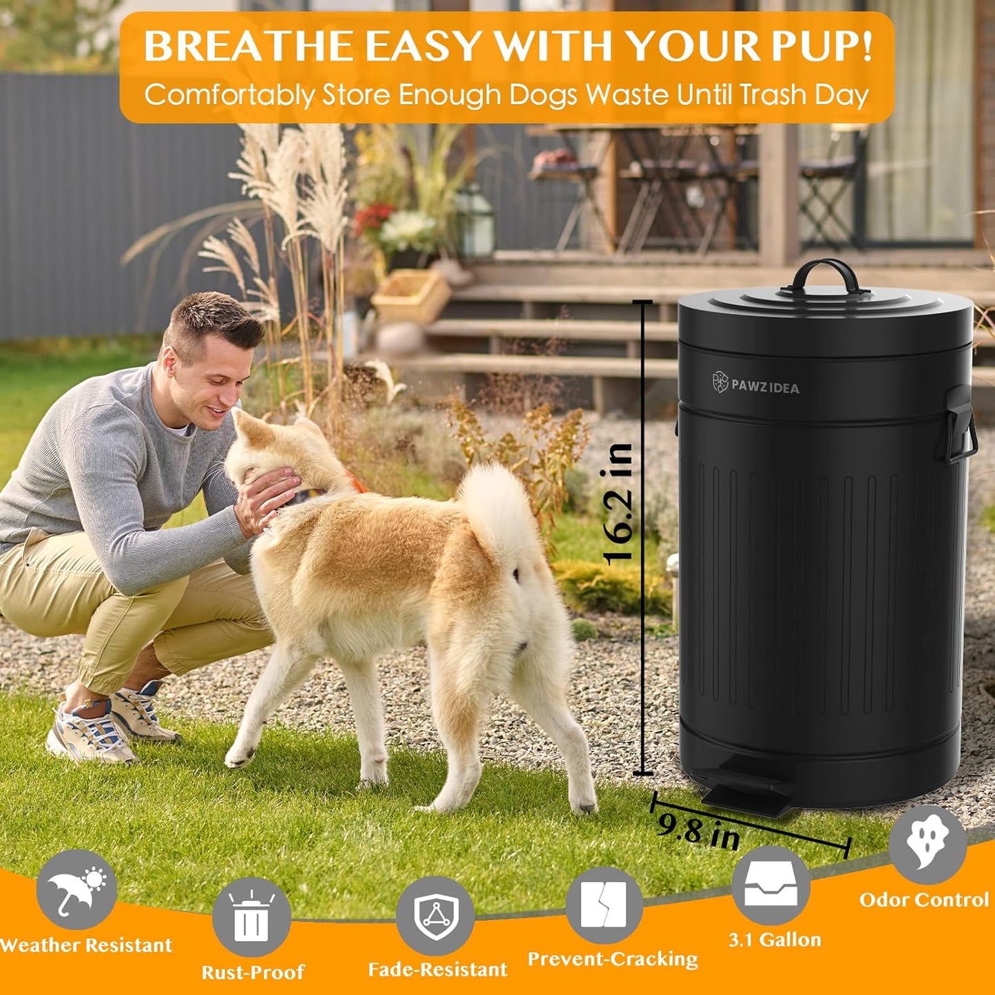 PAWZIDEA Dog Poop Trash Can Outside Odor Control, 3.1 Gallon Outdoor Trash Can with Lid, Waterproof
