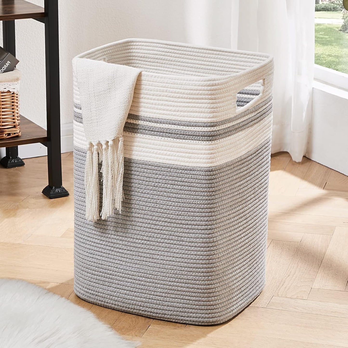 OIAHOMY Laundry Hamper, Tall Cotton Decorative Blanket Storage Basket with Handles for Living