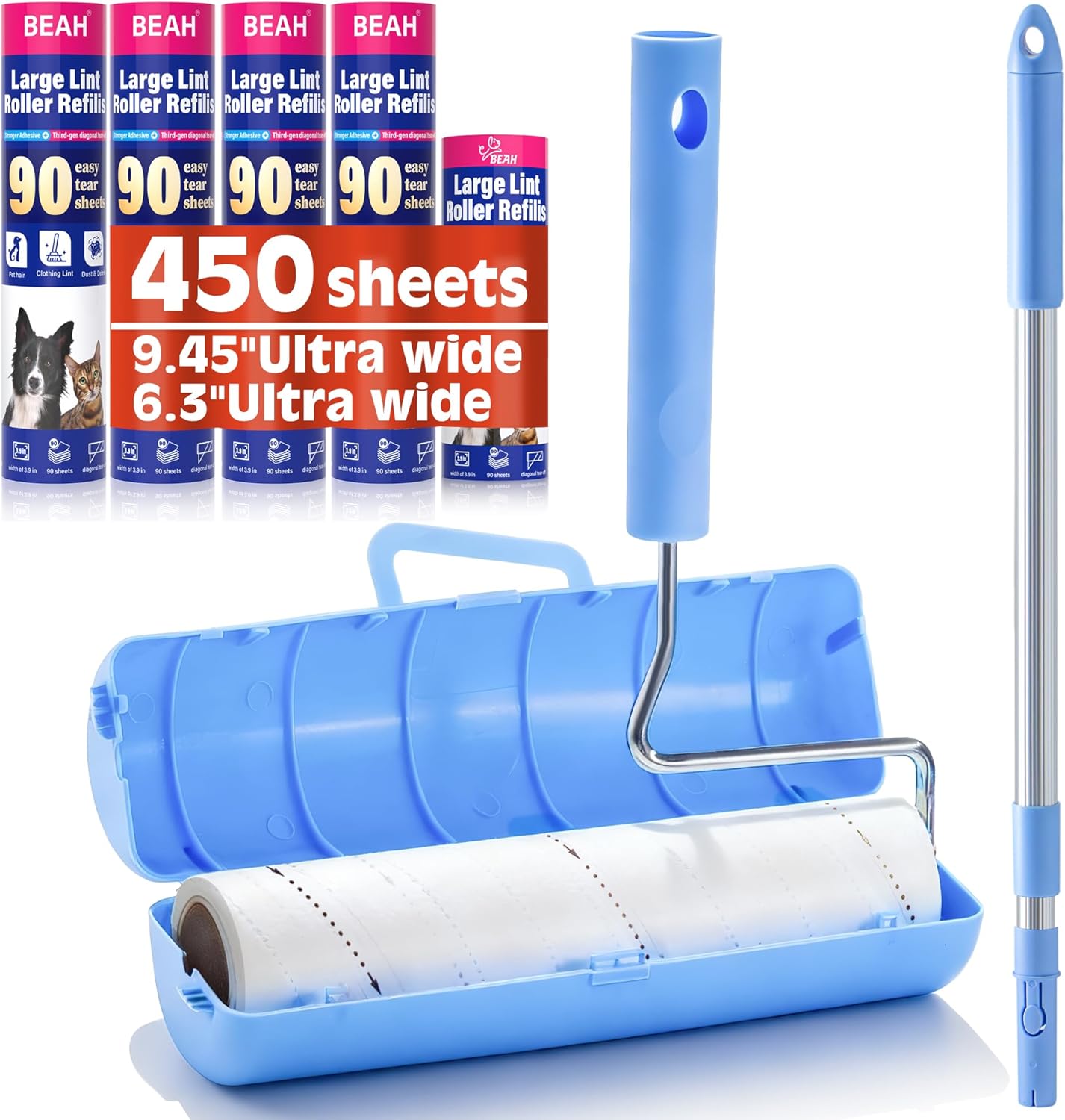 Large Lint Rollers for Pet Hair Extra Sticky,9.45''/6.3"Pet Hair Removal Tool Roller for Dog Cat