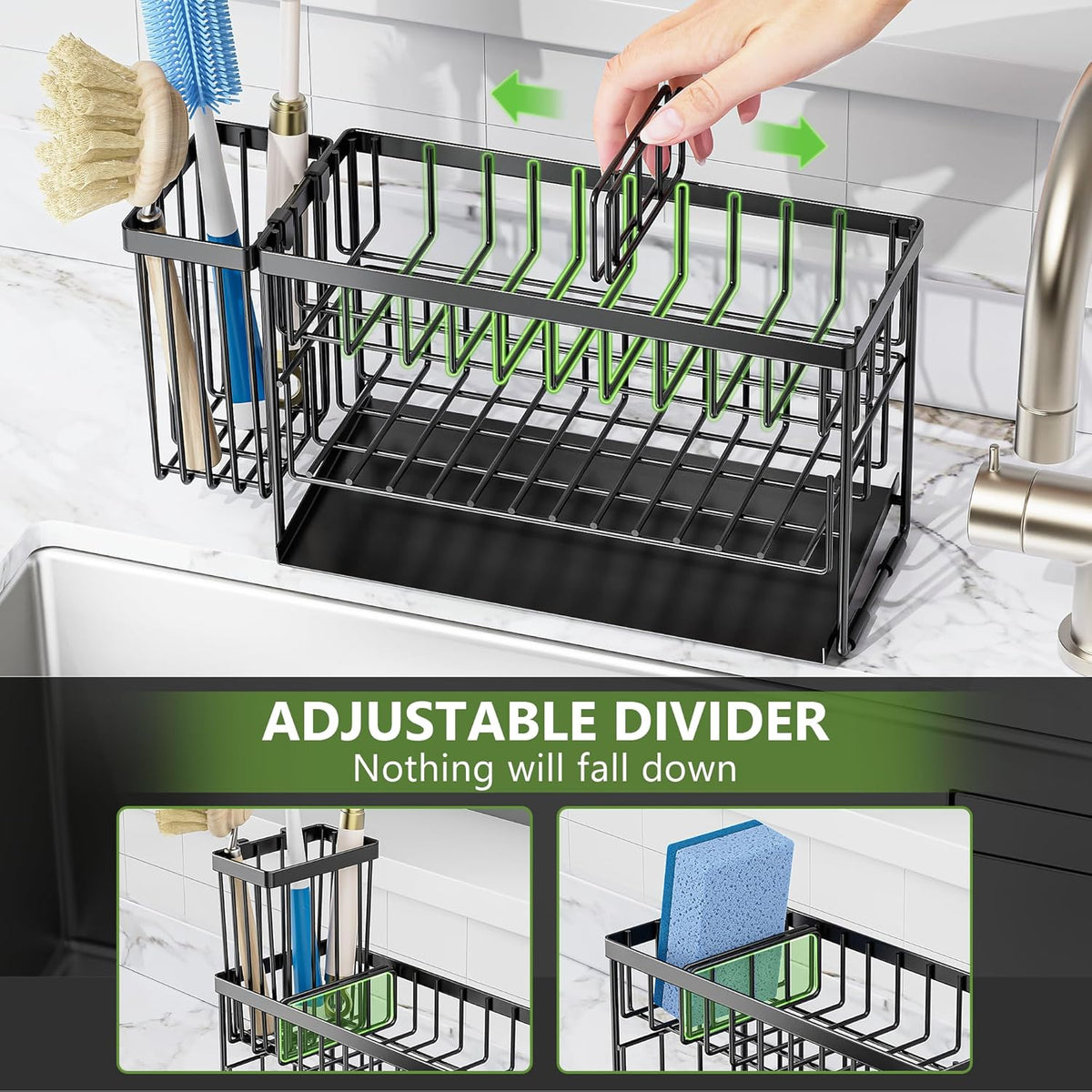 Cisily 2-Tier Kitchen Sink Caddy Organzier Rack with Flexible Dish Brush Holder, Sponge Holder for