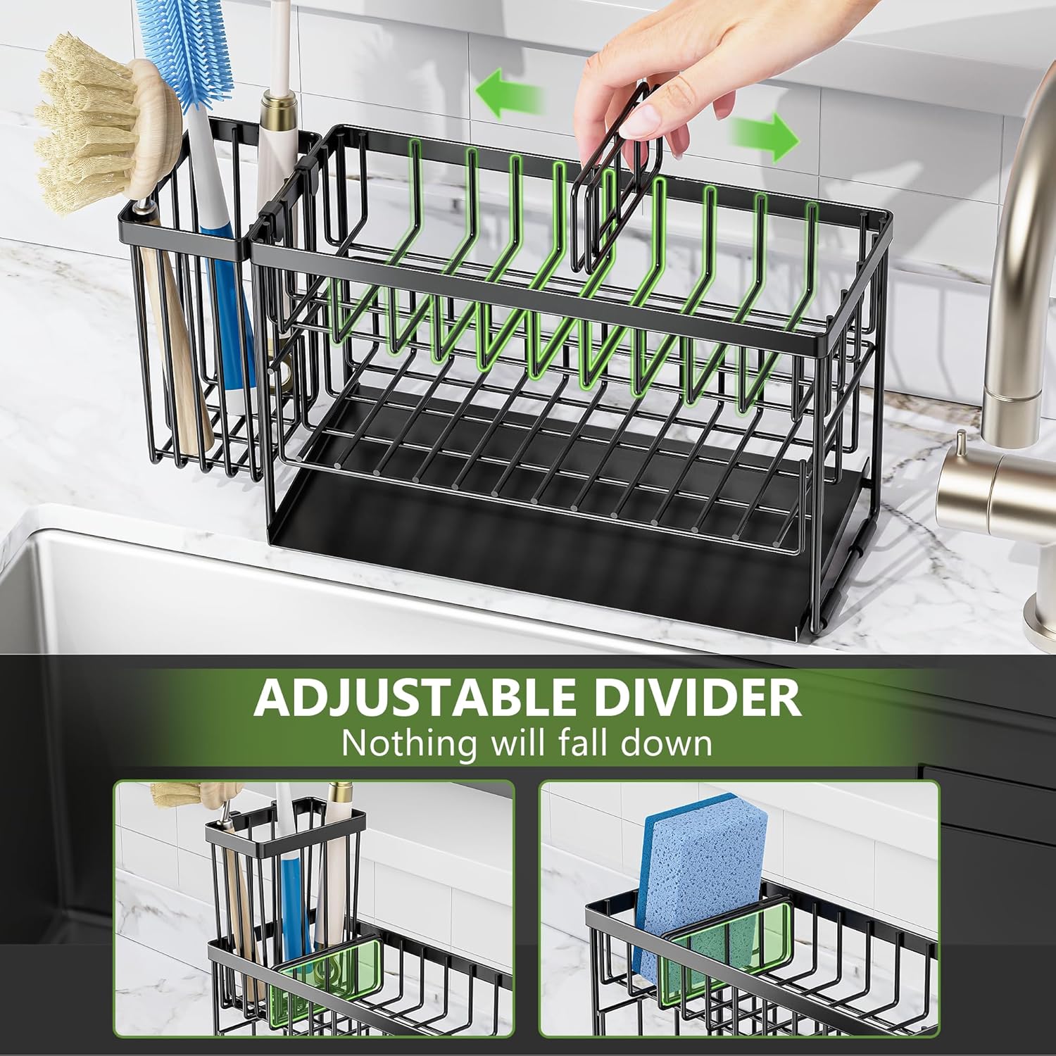 Cisily 2-Tier Kitchen Sink Caddy Organzier Rack with Flexible Dish Brush Holder, Sponge Holder for