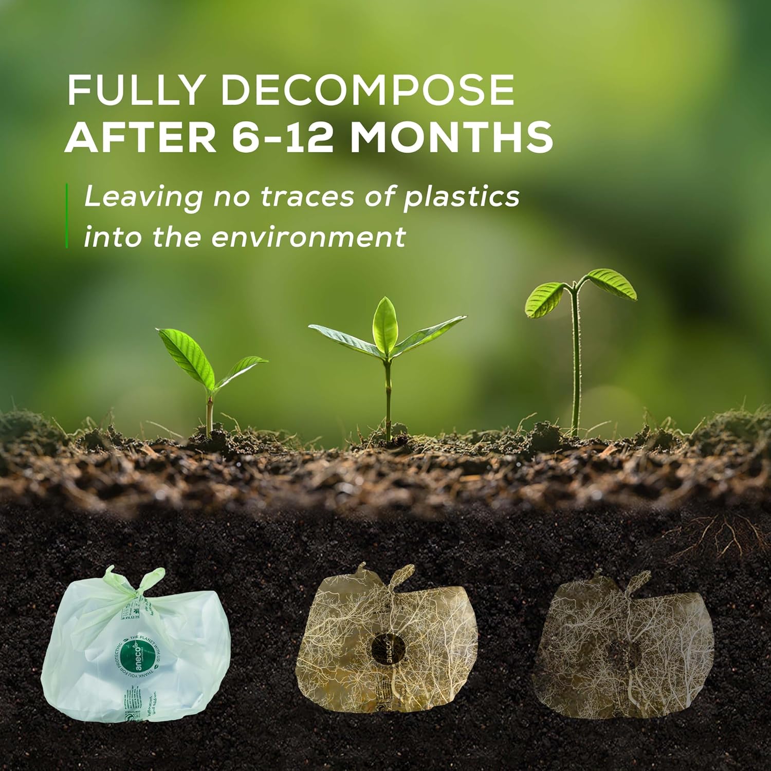 ANECO 100% Compostable Food Waste Bags 2.6 Gallon With Handles, Small Compost Bags for Countertop