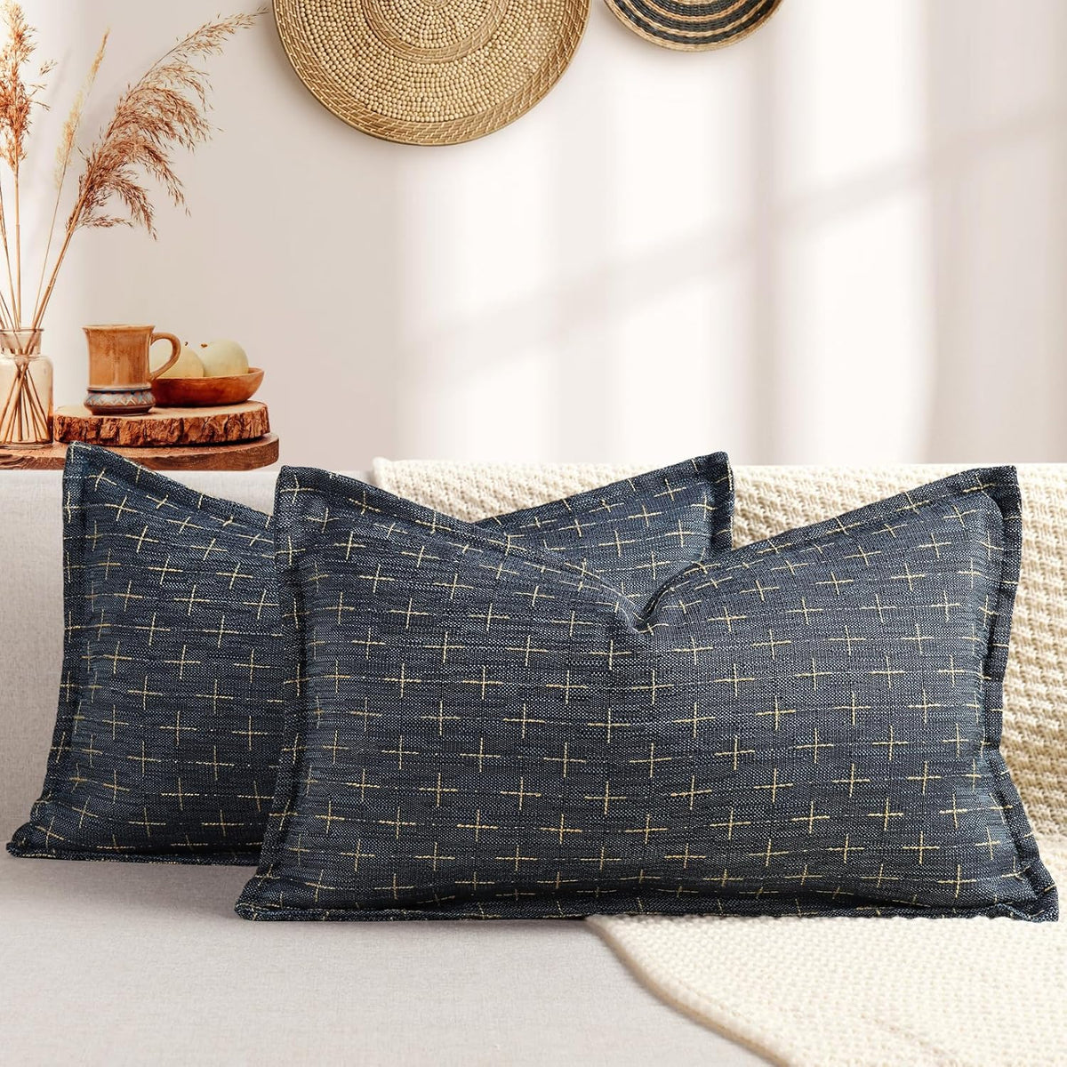 ZWJD 12x20 Pillow Covers Set of 2 Soft Polyester Textured Pillow Covers with Stylish Flange Edge