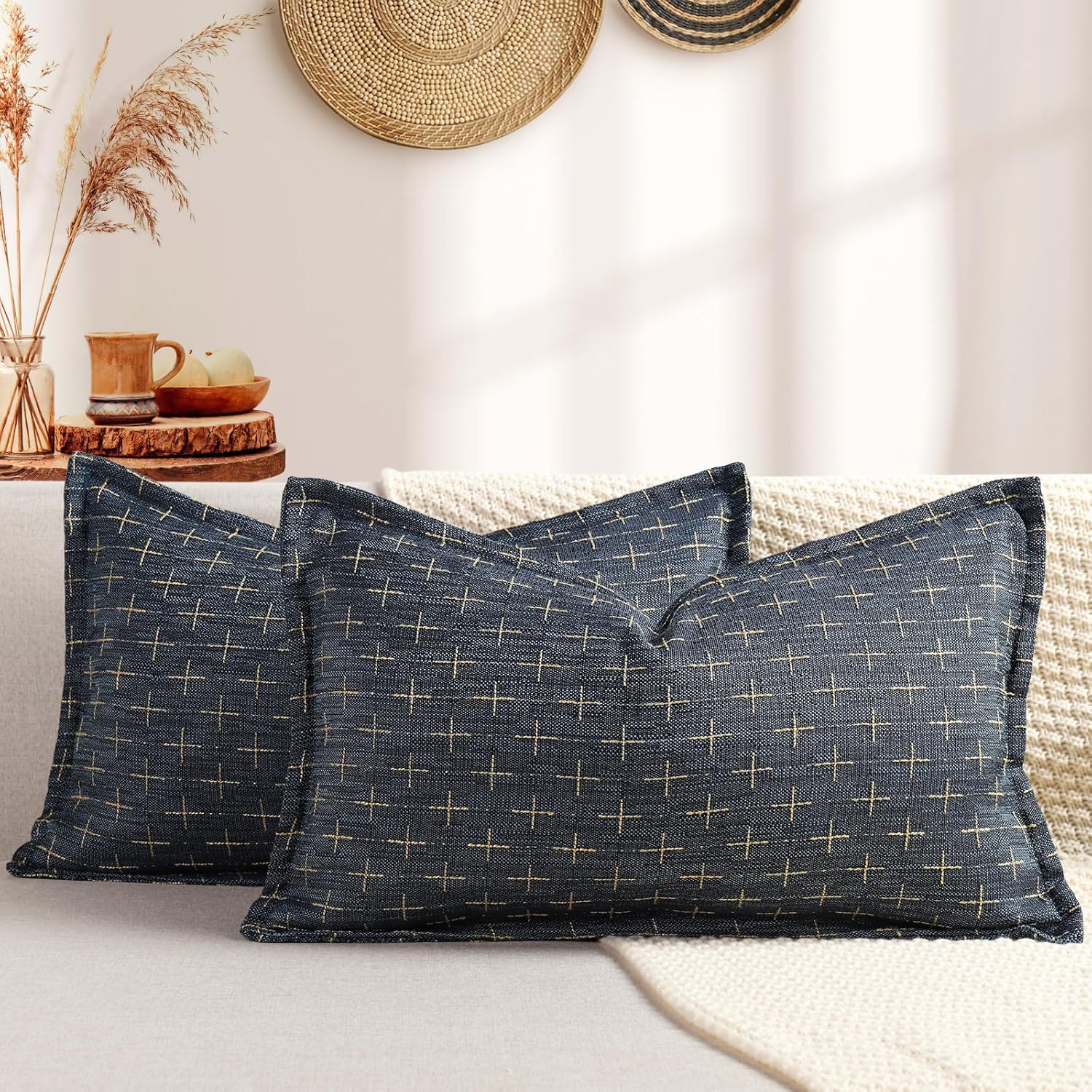 ZWJD 12x20 Pillow Covers Set of 2 Soft Polyester Textured Pillow Covers with Stylish Flange Edge