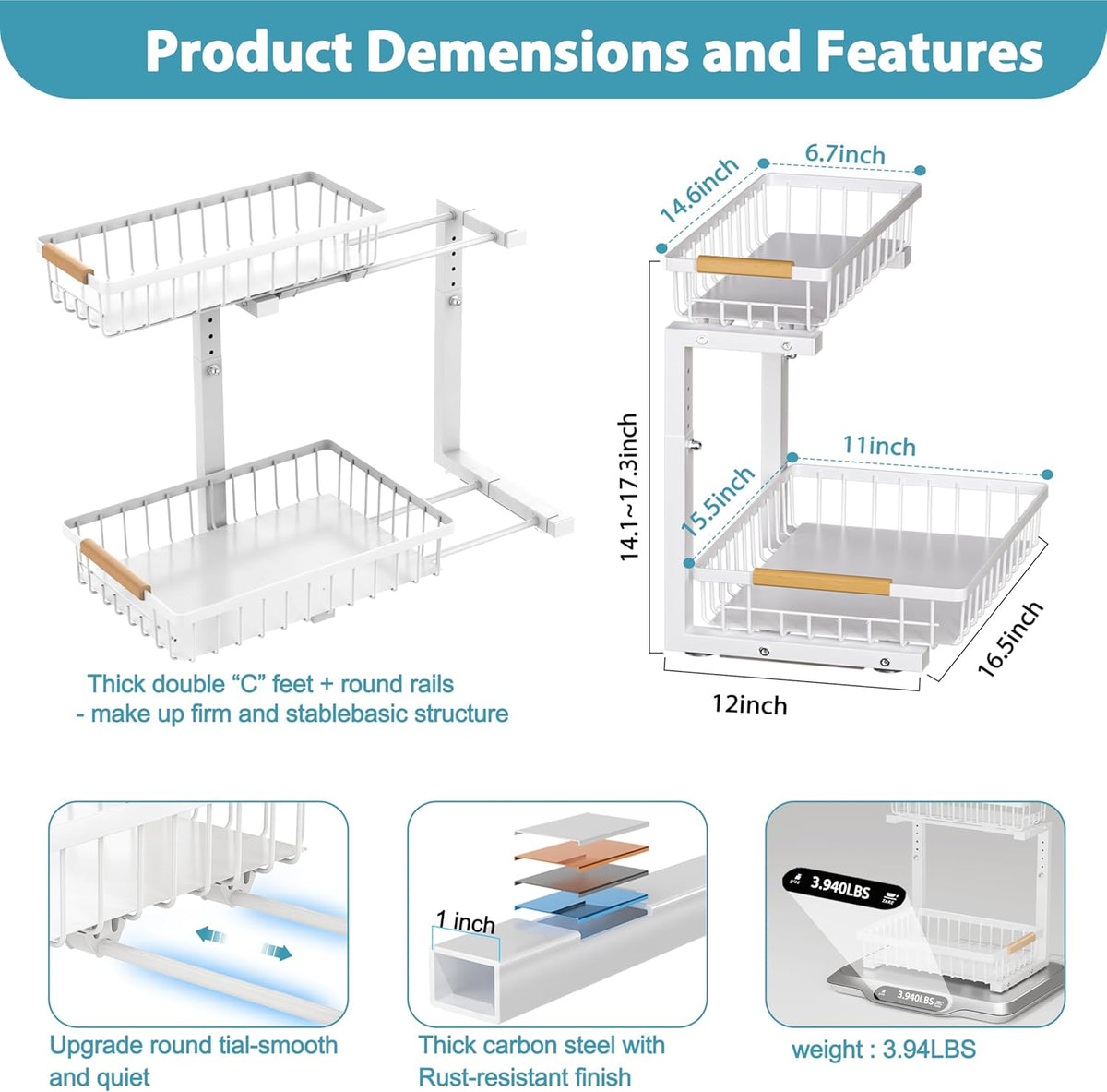 Under Sink Organizer 2 pack, 2 Tier Slide Out Under Sink Organizers And Storage, Height Adjustable
