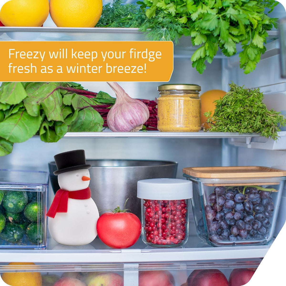 NEW - Peleg Design Freezy Fridge Deodorizer Odor Eliminator - Cute Snowman Baking Soda Container