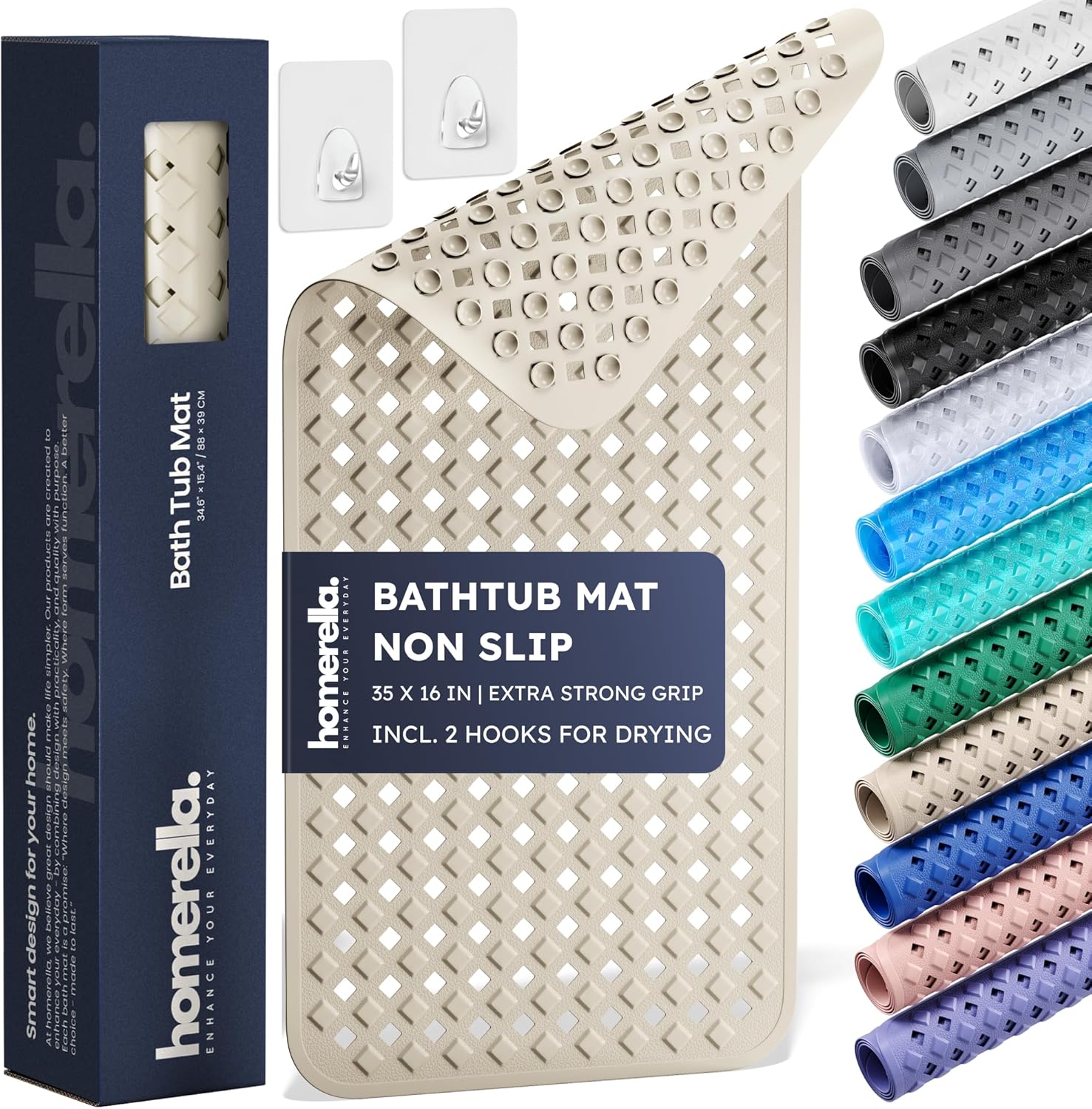 homerella® Bathtub Mat Non Slip 35x16, Incl. Hooks for Drying, Extra Long, 100% BPA Free, Shower