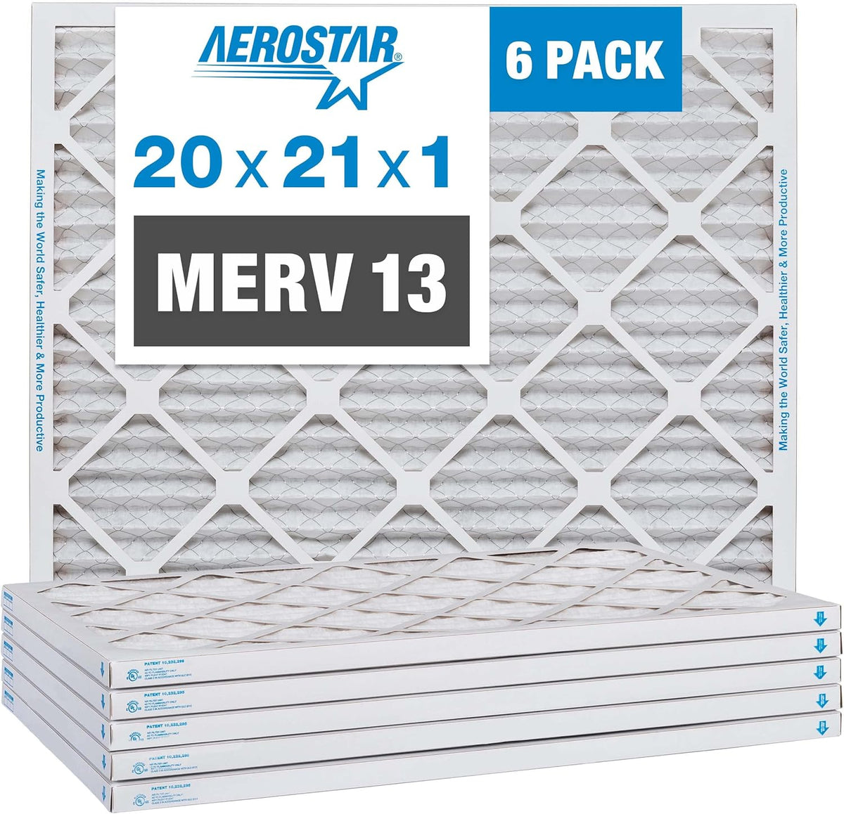 Aerostar 20x21x1 MERV 13 Pleated Air Filter, AC Furnace Air Filter, 6 Pack (Actual Size: 19 7/8" x