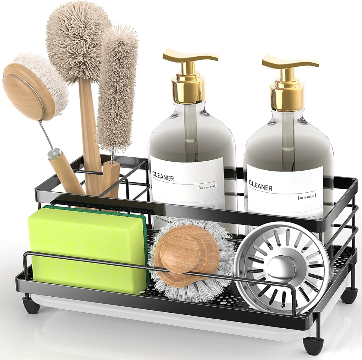 Cisily Large Black Sponge Holder for Kitchen, Sink Caddy Sink Organizer Rack for Kitchen