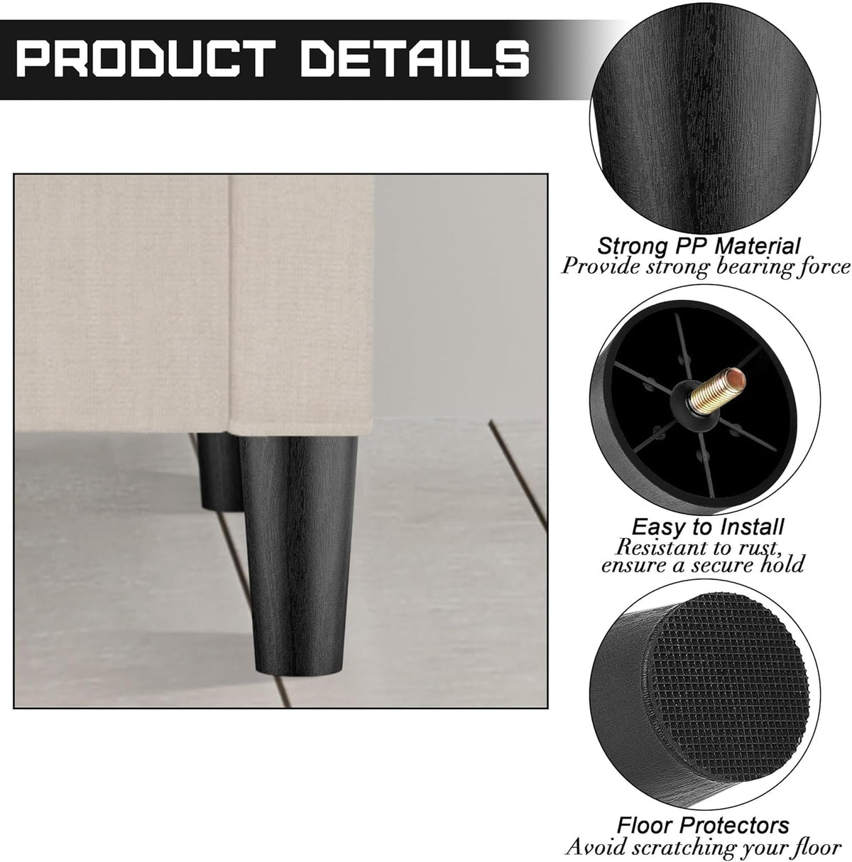 TURSTIN 16 Pack 6 Inch Plastic Furniture Legs with M8 T-Nuts Screws Tapered Sofa Couch and Chair