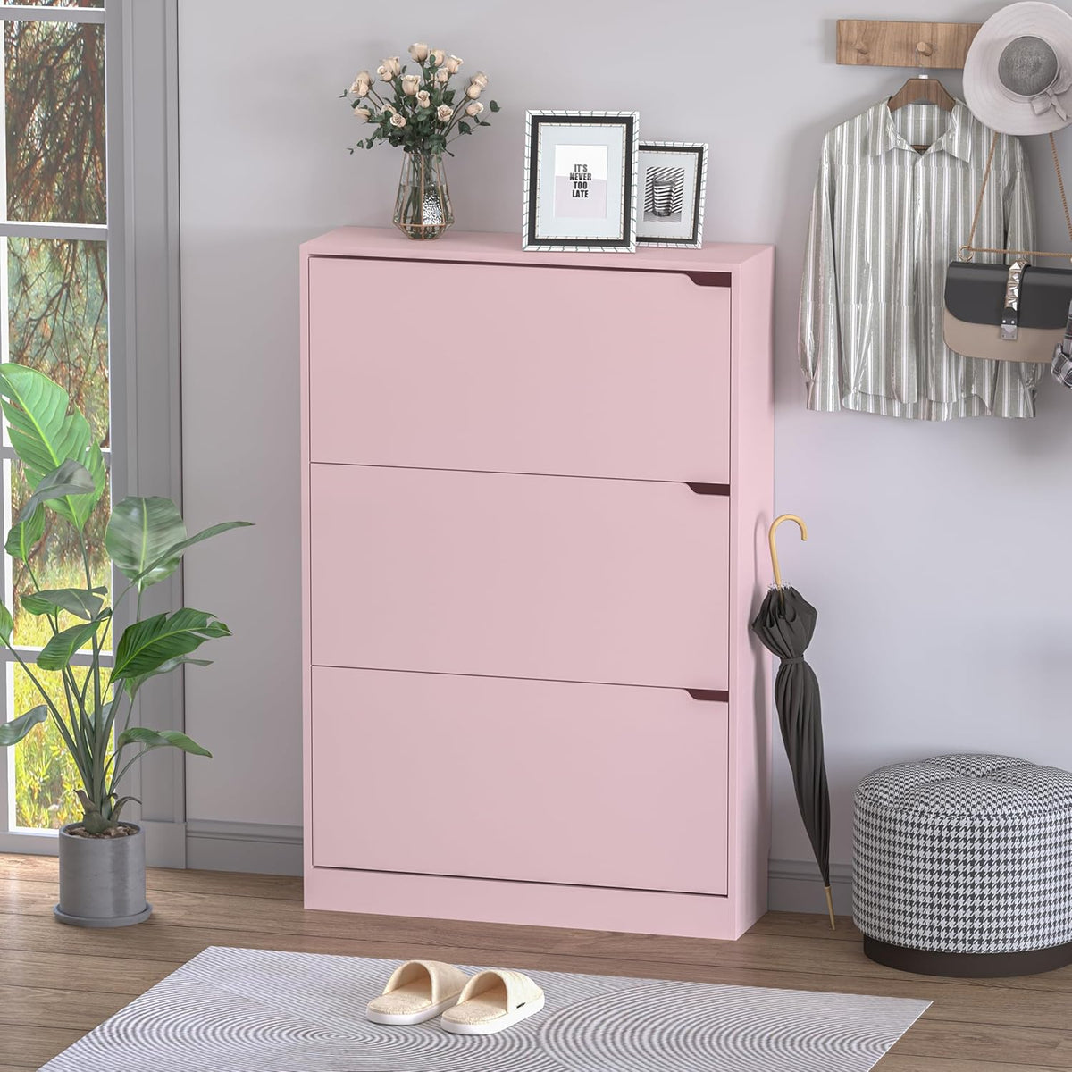 Shoe Cabinet with 3 Flip Drawers, Hidden Wood Shoe Cabinet,Freestanding Shoe Storage Cabinet for