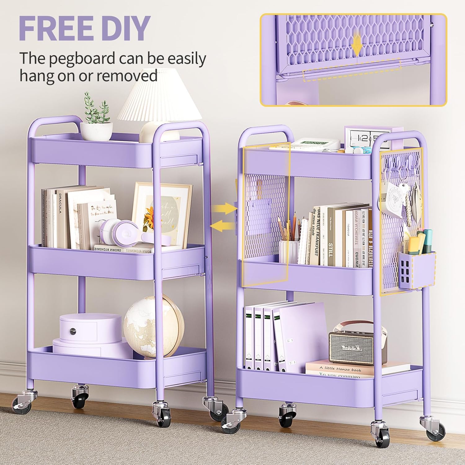 TOOLF 3 Tier Rolling Cart Storage Organizer, Metal Rolling Utility Cart with Wheels, Hooks & Bins